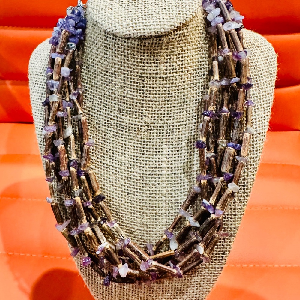 Elegant Boho Multi-Strand Purple Amethyst and Brown Ceramic bead Necklace